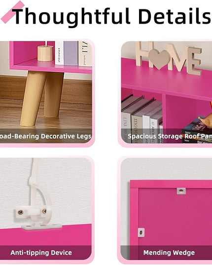 LEYAOYAO 10 Cube Bookshelf,3 Tier Modern Wide Bookcase with Legs,Mid-Century Wood Bookshelves Storage，Pink Large Book Case,Freestanding Organizer Display Shelf for Bedroom,Living Room,Office - LeafyLoom