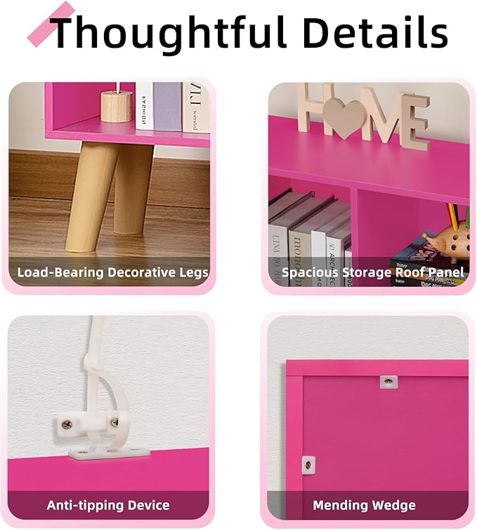 LEYAOYAO 10 Cube Bookshelf,3 Tier Modern Wide Bookcase with Legs,Mid-Century Wood Bookshelves Storage，Pink Large Book Case,Freestanding Organizer Display Shelf for Bedroom,Living Room,Office - LeafyLoom