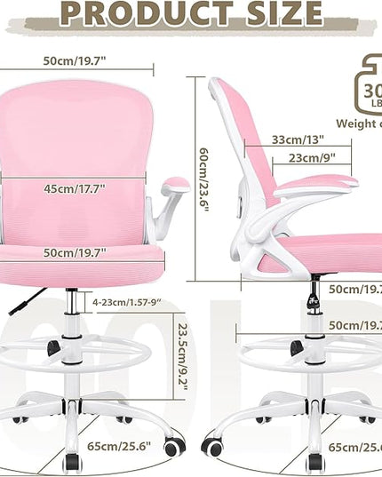 Drafting Chair, Tall Office Chair Ergonomic Standing Desk chair, Lumbar Support Computer Chair Swivel Task Rolling Chair with Adjustable Flip-up Armrests & Foot Ring (Pink) - LeafyLoom