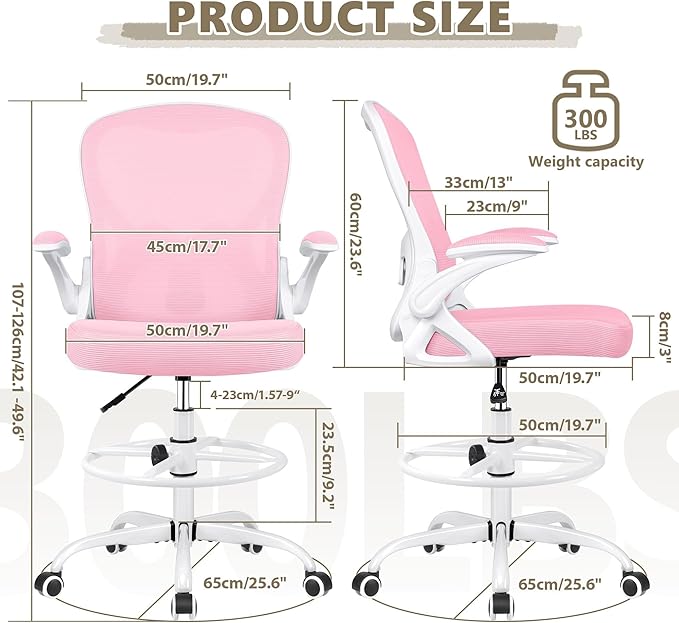 Drafting Chair, Tall Office Chair Ergonomic Standing Desk chair, Lumbar Support Computer Chair Swivel Task Rolling Chair with Adjustable Flip-up Armrests & Foot Ring (Pink) - LeafyLoom
