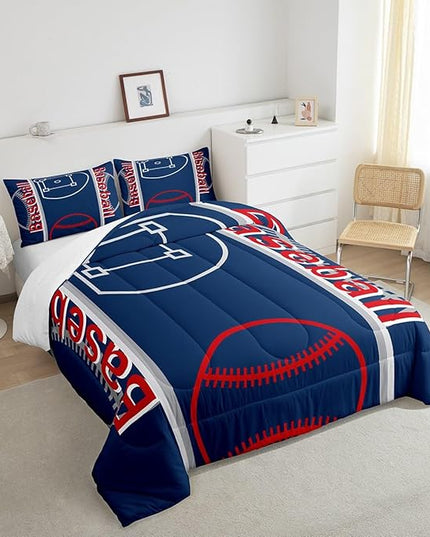 Feelyou Baseball Print Bedding Set King Size Sports Game Comforter Set for Kids Boys Girls Decor Baseball Gaming Comforter Microfiber Ball Duvet Set Bedroom Quilt Set - LeafyLoom