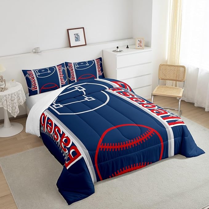 Feelyou Baseball Print Bedding Set King Size Sports Game Comforter Set for Kids Boys Girls Decor Baseball Gaming Comforter Microfiber Ball Duvet Set Bedroom Quilt Set - LeafyLoom