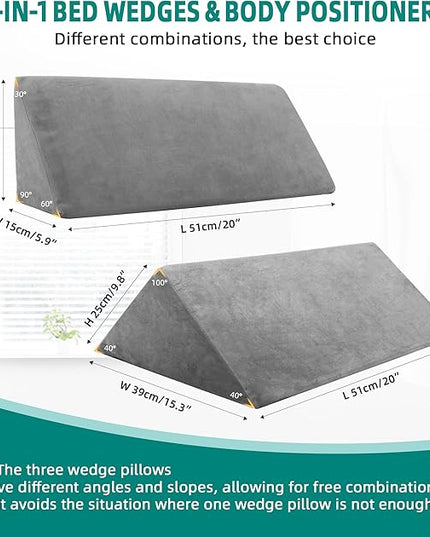 Bed Wedges & Body Positioners for Elderly and Adults (3 in 1), 40 Degree Triangle Wedges for Bed Positioning, Side Wedge Pillows for after Surgery, Bed Wedges for Bedsores, Wedges for Body - LeafyLoom
