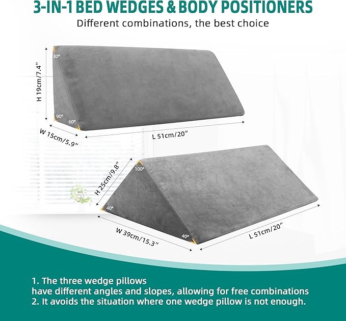 Bed Wedges & Body Positioners for Elderly and Adults (3 in 1), 40 Degree Triangle Wedges for Bed Positioning, Side Wedge Pillows for after Surgery, Bed Wedges for Bedsores, Wedges for Body - LeafyLoom