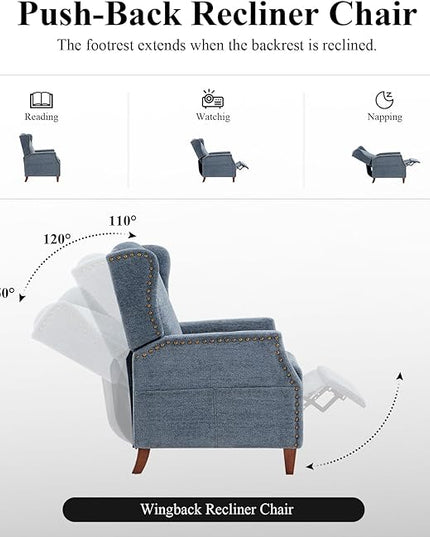 COLAMY Wingback Pushback Recliner Storage Pocket Upholstered Fabric Living Room Chair Armchair, with Wood Legs and Nailhead Trim, Dark Blue - LeafyLoom