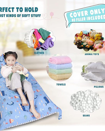 Stuffed Animal Storage Bean Bag Chair Cover, Cotton Blue Marine Life Plush Toy Storage Stuff and Sit Seat for Kids/Teens/Adults,52" x 31" Extra Large Triangle Floor Sofa, 200L/52Gal,Cover Only - LeafyLoom