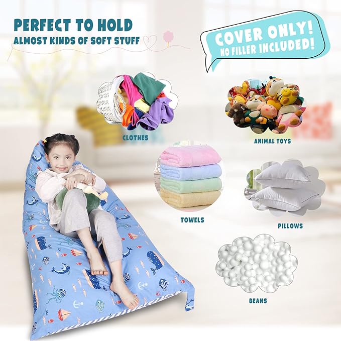 Stuffed Animal Storage Bean Bag Chair Cover, Cotton Blue Marine Life Plush Toy Storage Stuff and Sit Seat for Kids/Teens/Adults,52" x 31" Extra Large Triangle Floor Sofa, 200L/52Gal,Cover Only - LeafyLoom