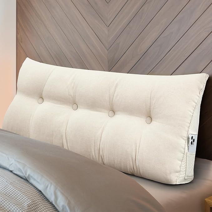 Headboard Wedge Pillow Triangular Bed Rest Reading Backrest Body Bolster Cushion Back Support Long Bolster Pillow for Bed Gifts with Removable Cover(Beige, Full (54 x 20 x 8 Inch)) - LeafyLoom