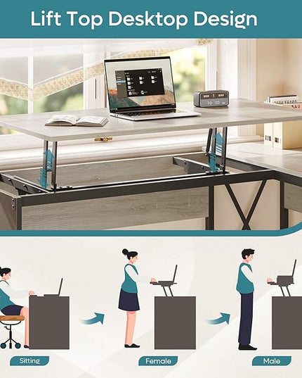 Bestier Lift Top L Shaped Desk with File Drawer, 55'' x 55'' Office Desk with Reversible Storage Drawers, L Shaped Standing Desk with Computer Monitor Stand (Retro Grey Oak Light) - LeafyLoom