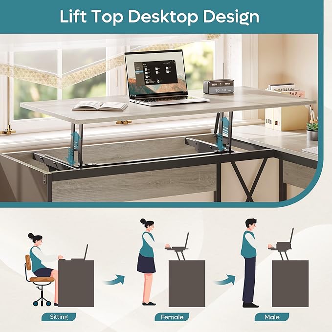 Bestier Lift Top L Shaped Desk with File Drawer, 55'' x 55'' Office Desk with Reversible Storage Drawers, L Shaped Standing Desk with Computer Monitor Stand (Retro Grey Oak Light) - LeafyLoom