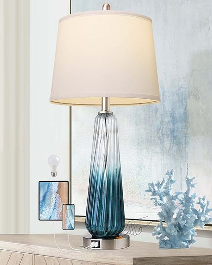 Table Lamps for Living Room with Touch Control, 3-Way Dimmable Bedside Lamps with 2 USB Ports, Modern Glass Nightstand Lamp with White Fabric Shade, 27.5" Large Lamps for Home Bedrooms Decorations - LeafyLoom