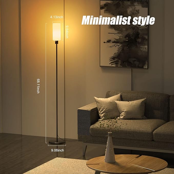 Floor Lamp for Living Room, Glass Lampshade Modern Standing Floor Lamp, 68 Inches Tall with E26 Socket for Office, Bedroom, Reading or Work - Black with White Lampshade, Bulb Not Included - LeafyLoom