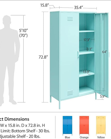 Novogratz Cache Tall 2 Door Metal Locker Cabinet, Blue - LeafyLoom