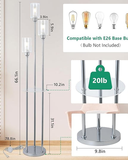 HMVPL Crystal Floor Lamps for Living Room, Modern Floor Lamp with Shelves, 3-Lights Standing Lamp with Crystal Shade, On/Off Foot Switch, Silver Corner Floor Lamp for Bedroom Living Room Office(66") - LeafyLoom