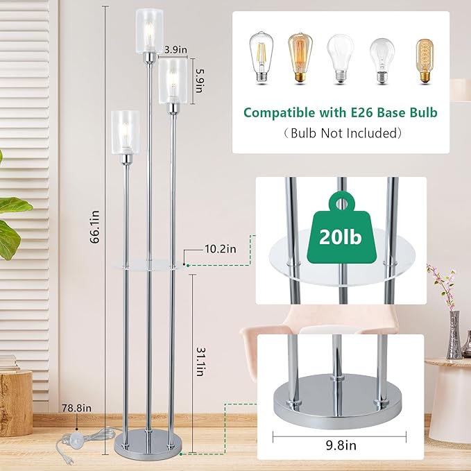 HMVPL Crystal Floor Lamps for Living Room, Modern Floor Lamp with Shelves, 3-Lights Standing Lamp with Crystal Shade, On/Off Foot Switch, Silver Corner Floor Lamp for Bedroom Living Room Office(66") - LeafyLoom