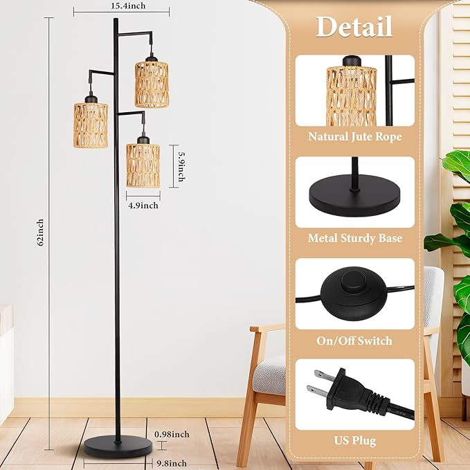 Farmhouse Floor Lamp, Industrial Style Tall Lamps, Boho Tree Standing Tall Lamp with Sturdy Modern Vintage Design for Living Room Bedroom Office Dining Room(Black) - LeafyLoom