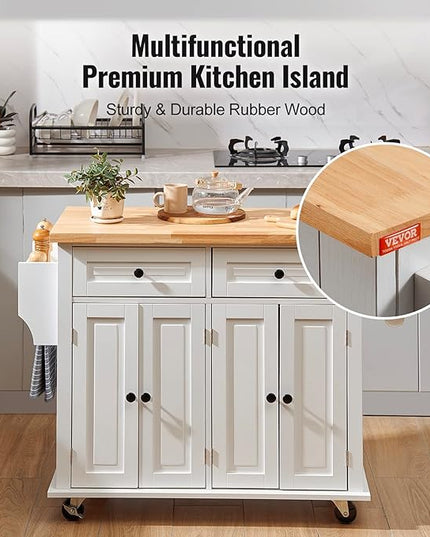 VEVOR Kitchen Island Cart with Solid Wood Top, 35.4" Width Mobile Carts with Storage Cabinet, Rolling Kitchen Table with Spice Rack, Towel Rack, and Drawer, Portable Islands on Wheels, White - LeafyLoom