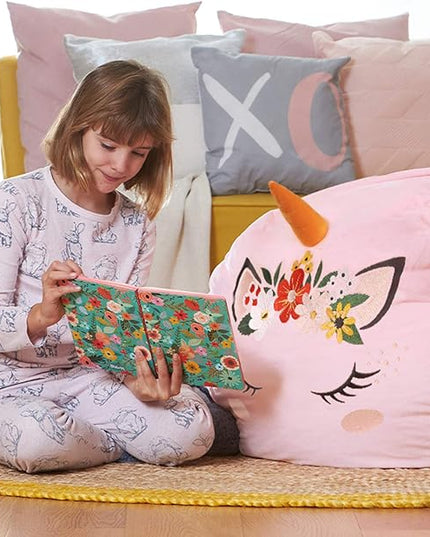 Aubliss Stuffed Animal Storage, Velvet Bean Bag Chairs Cover, X-Large 38" Ultra Soft Kids Toy Storage Organizer for Blankets Towels Clothes, Unicorn Pink Floral - LeafyLoom