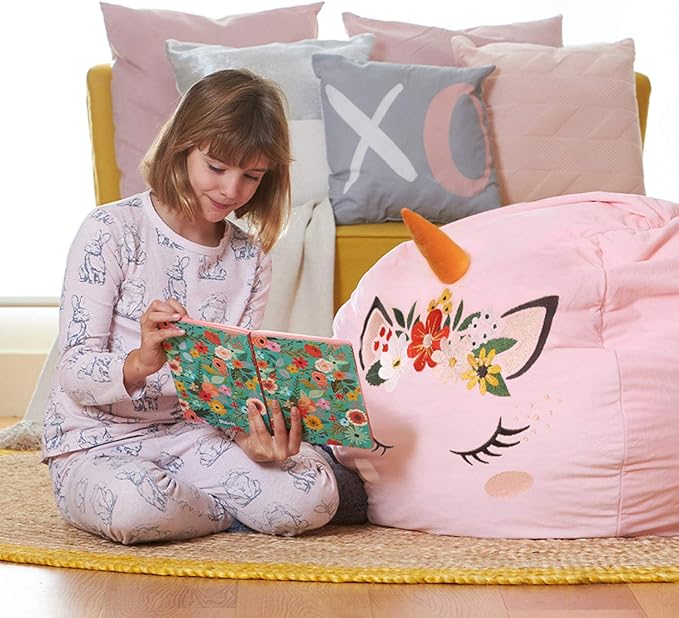 Aubliss Stuffed Animal Storage, Velvet Bean Bag Chairs Cover, X-Large 38" Ultra Soft Kids Toy Storage Organizer for Blankets Towels Clothes, Unicorn Pink Floral - LeafyLoom