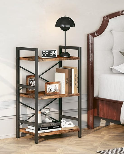 Bookshelf, 3 Tier Industrial Bookcase, Metal Small Bookcase, Rustic Etagere Book Shelf Storage Organizer for Living Room, Bedroom, and Home Office(Rustic Brown) Patent Pending D29873033 - LeafyLoom