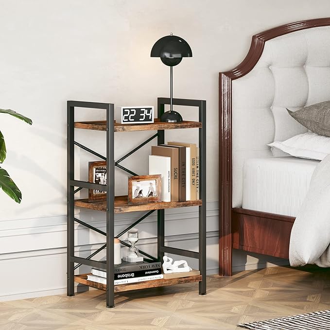 Bookshelf, 3 Tier Industrial Bookcase, Metal Small Bookcase, Rustic Etagere Book Shelf Storage Organizer for Living Room, Bedroom, and Home Office(Rustic Brown) Patent Pending D29873033 - LeafyLoom