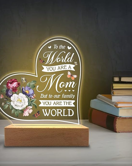 Acrylic Night Light Gift for Mother - to Our Family You are The World - Acrylic Light Gift for Mom from Son, Daughter on Mothers Day - Birthday Gifts to Mom - LeafyLoom
