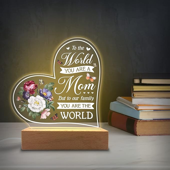 Acrylic Night Light Gift for Mother - to Our Family You are The World - Acrylic Light Gift for Mom from Son, Daughter on Mothers Day - Birthday Gifts to Mom - LeafyLoom
