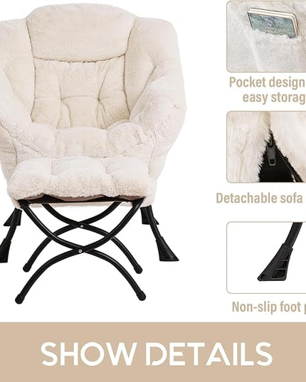LITA Lazy Chair with Ottoman, Modern Accent Leisure Upholstered Sofa Chair, Lounge Reading Chair with Armrests and a Side Pocket for Living Room, Bedroom & Small Space, Plush Beige - LeafyLoom