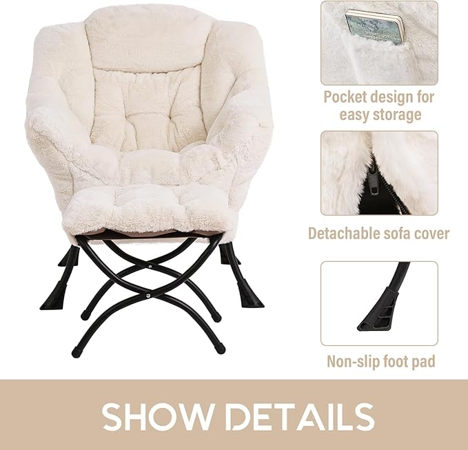 LITA Lazy Chair with Ottoman, Modern Accent Leisure Upholstered Sofa Chair, Lounge Reading Chair with Armrests and a Side Pocket for Living Room, Bedroom & Small Space, Plush Beige - LeafyLoom