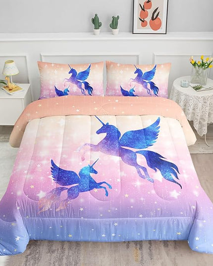 Datura home Bedding Comforter Set Starry Sky Unicorn Printed Pattern Quilt with 1 and 2 Pillowcases for Girls Bedroom All Season(Purple Full) Full 80x90inches - LeafyLoom