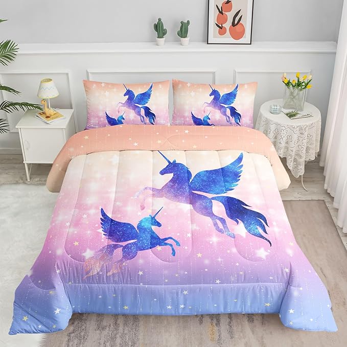Datura home Bedding Comforter Set Starry Sky Unicorn Printed Pattern Quilt with 1 and 2 Pillowcases for Girls Bedroom All Season(Purple Full) Full 80x90inches - LeafyLoom