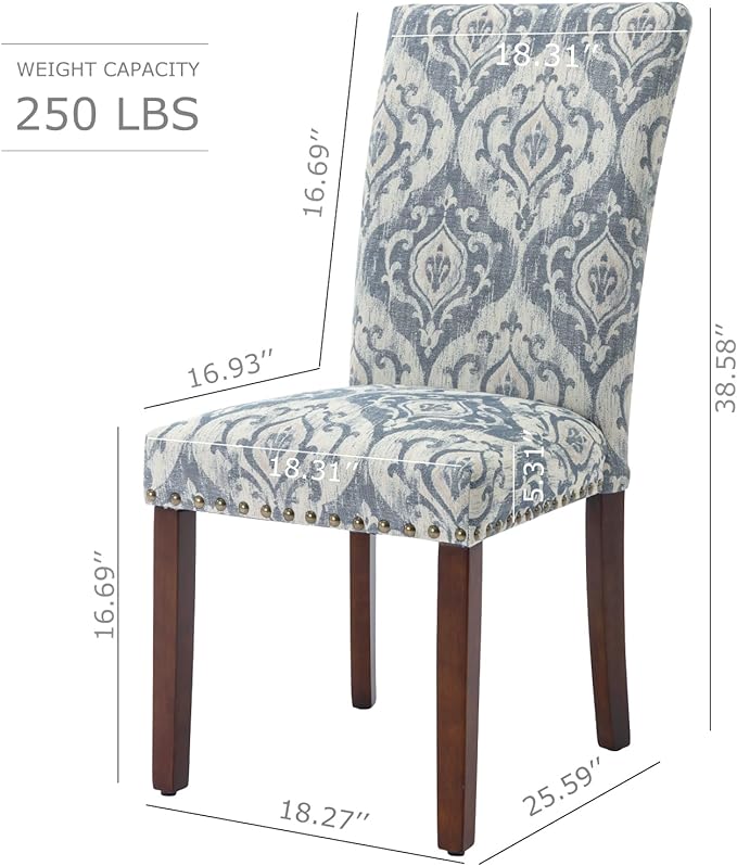 COLAMY Upholstered Parsons Dining Chairs Set of 6, Fabric Dining Room Kitchen Side Chair with Nailhead Trim and Wood Legs - Blue/White Flower - LeafyLoom