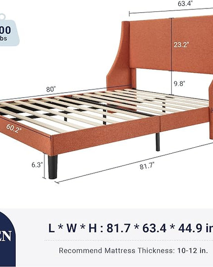 Allewie Queen Bed Frame, Platform Bed Frame Queen Size with Upholstered Headboard, Modern Deluxe Wingback, Wood Slat Support, Mattress Foundation, Burnt Orange - LeafyLoom