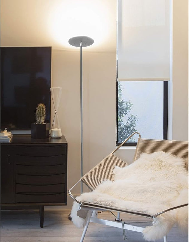 Brightech Sky LED Floor lamp, Torchiere Super Bright Floor Lamp for Living Rooms & Offices - Dimmable, Tall Standing Lamp for Bedroom Reading - Platinum Silver - LeafyLoom