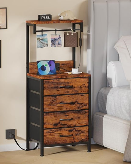 Furnulem Tall Nightstands Set of 2, Night Stand with 4 Drawers and and shelves, Tall Bedside Table with Charging Station and LED Lights for Bedroom, Office, Dorm (Rustic Brown) - LeafyLoom