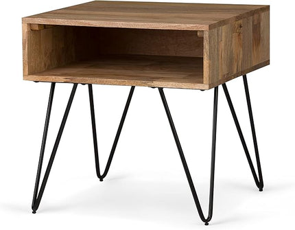 SIMPLIHOME Hunter Solid Mango Wood and Metal 22 inch wide Square Mid Century Modern End Side Table in Natural with Storage, 1 Shelf, for the Living Room and Bedroom - LeafyLoom