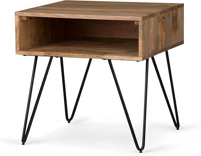 SIMPLIHOME Hunter Solid Mango Wood and Metal 22 inch wide Square Mid Century Modern End Side Table in Natural with Storage, 1 Shelf, for the Living Room and Bedroom - LeafyLoom