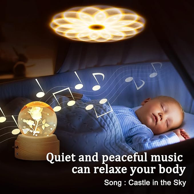 3D Crystal Ball Globe Rose Music Box with LED Night Light Lamp, Best Decor Gifts for Father Dad Husband Men Boyfriend Girlfriend Mom Women Wife Daughter Kids, Graduation Birthday Anniversary Wedding - LeafyLoom
