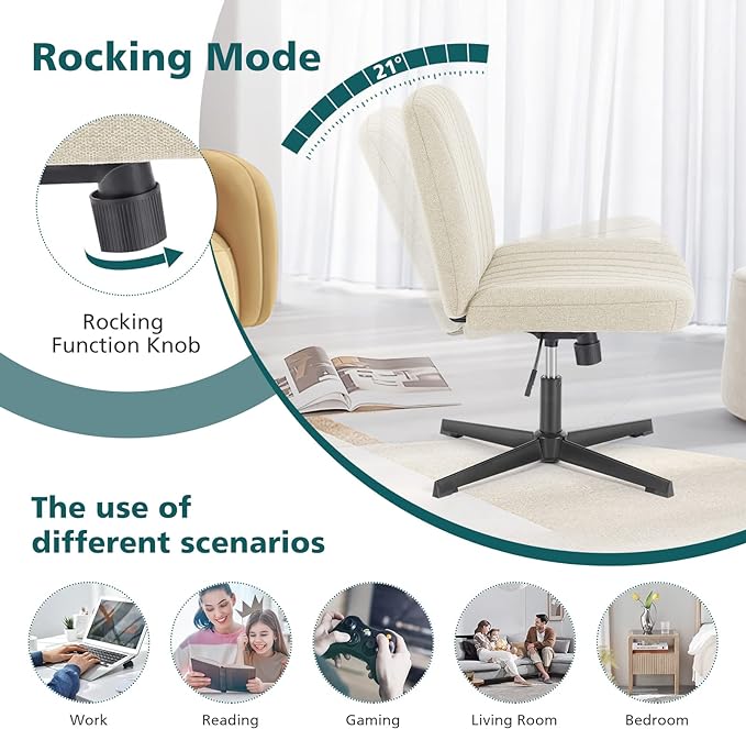 OLIXIS Cross Legged Armless Wide Adjustable Swivel Padded Home Office Desk Chair, Beige - LeafyLoom
