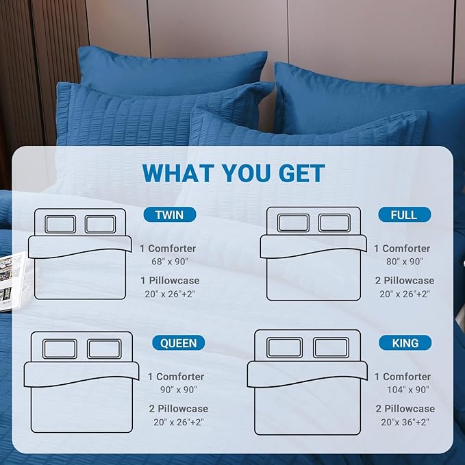 HYMOKEGE Seersucker Twin Comforter Set 3 Pieces, Lightweight Comforter Sets for Bedding, Bed Set with 1 All Season Soft Down Alternative Comforter and 2 Pillow Shams, Teal - LeafyLoom