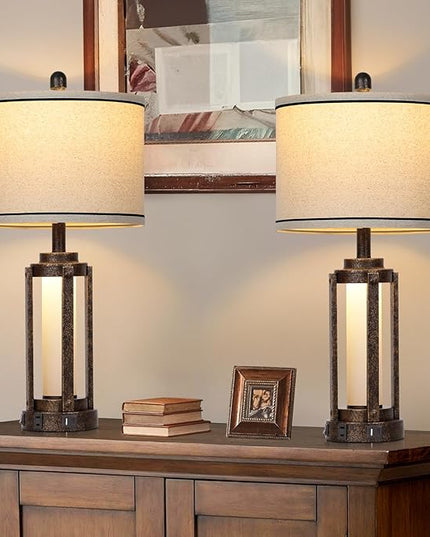 26" Farmhouse Table Lamps Set of 2, Vintage Rustic Industrial Beside Lamps with USB A+C Charging Ports & AC Outlet, Nightstand Lamp with Glass Night Light & Linen Fabric Shade for Living Room Bedrooms - LeafyLoom