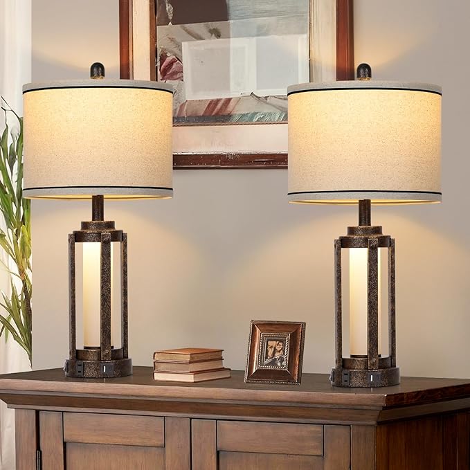26" Farmhouse Table Lamps Set of 2, Vintage Rustic Industrial Beside Lamps with USB A+C Charging Ports & AC Outlet, Nightstand Lamp with Glass Night Light & Linen Fabric Shade for Living Room Bedrooms - LeafyLoom