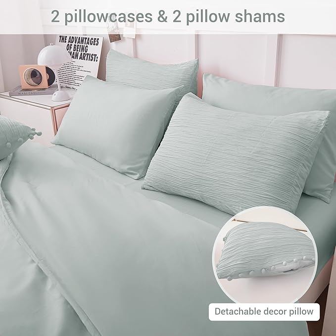 8 Piece Woven Texture King Size Comforter Set Green, Bed in A Bag Bedding King with Comforter and Sheets, Soft Lightweight Comforter Set with Deocor Throw Pillow, Sage Green - LeafyLoom