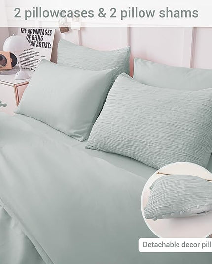 8 Piece Woven Texture Sage Green Comforter Set Queen, Bed in A Bag Bedding Sets Queen with Comforter and Sheets, Soft Lightweight Comforter Set with Deocor Throw Pillow, Green - LeafyLoom