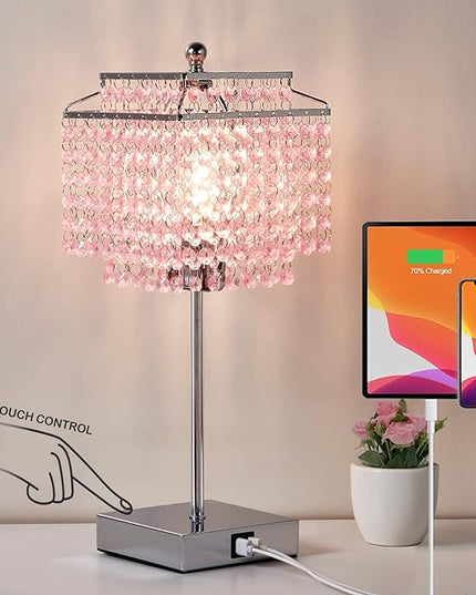 Luvkczc Pink Bedside Crystal Table Lamp, Touch Control Crystal Lamps with USB C+A Ports, 3-Way Dimmable Lamp with Crystal Shade for Girl Bedroom, Living Room, 6W B11 Bulb Included - LeafyLoom