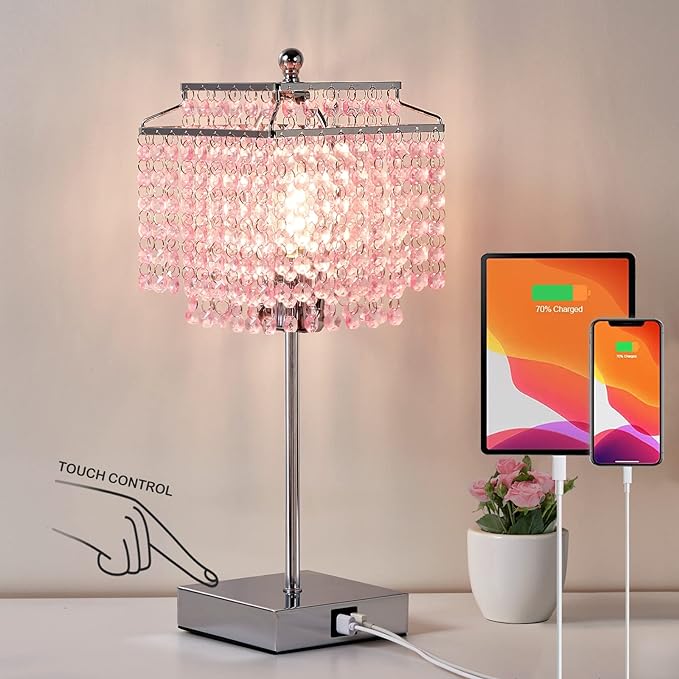 Luvkczc Pink Bedside Crystal Table Lamp, Touch Control Crystal Lamps with USB C+A Ports, 3-Way Dimmable Lamp with Crystal Shade for Girl Bedroom, Living Room, 6W B11 Bulb Included - LeafyLoom
