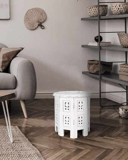 Altar Table,Round Side Table,Small Table, Round End Table,Side Table, Side Tables Living Room,End Table,Carved Side Table,Wood Accent Table,Carved Wood Table 12" Round Top x 12" High White Antique - LeafyLoom