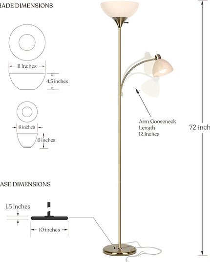 Brightech Sky Dome Plus LED Floor lamp, Torchiere Super Bright Floor Lamp with Reading Lamp for Living Rooms & Offices - Dimmable Tall Standing Lamp for Bedroom Reading - Gold Brass - LeafyLoom