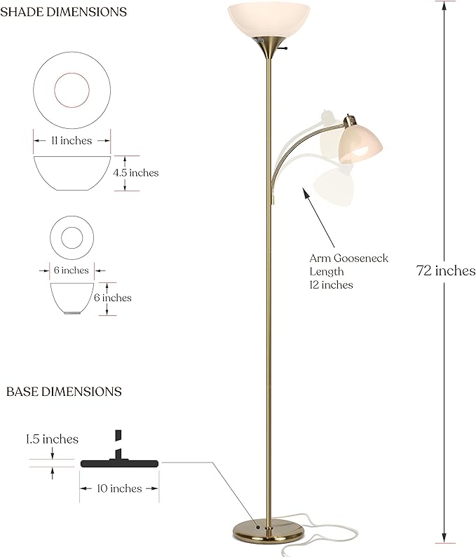 Brightech Sky Dome Plus LED Floor lamp, Torchiere Super Bright Floor Lamp with Reading Lamp for Living Rooms & Offices - Dimmable Tall Standing Lamp for Bedroom Reading - Gold Brass - LeafyLoom