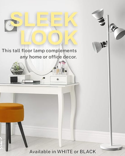 3 Light Floor Lamp Adjustable Standing Lamp for Living Room, Bedroom and Office, 60W Bright Spotlight Lighting - Rotating Swivel Corner Light for Reading, Modern Tree Lamps (White) - LeafyLoom